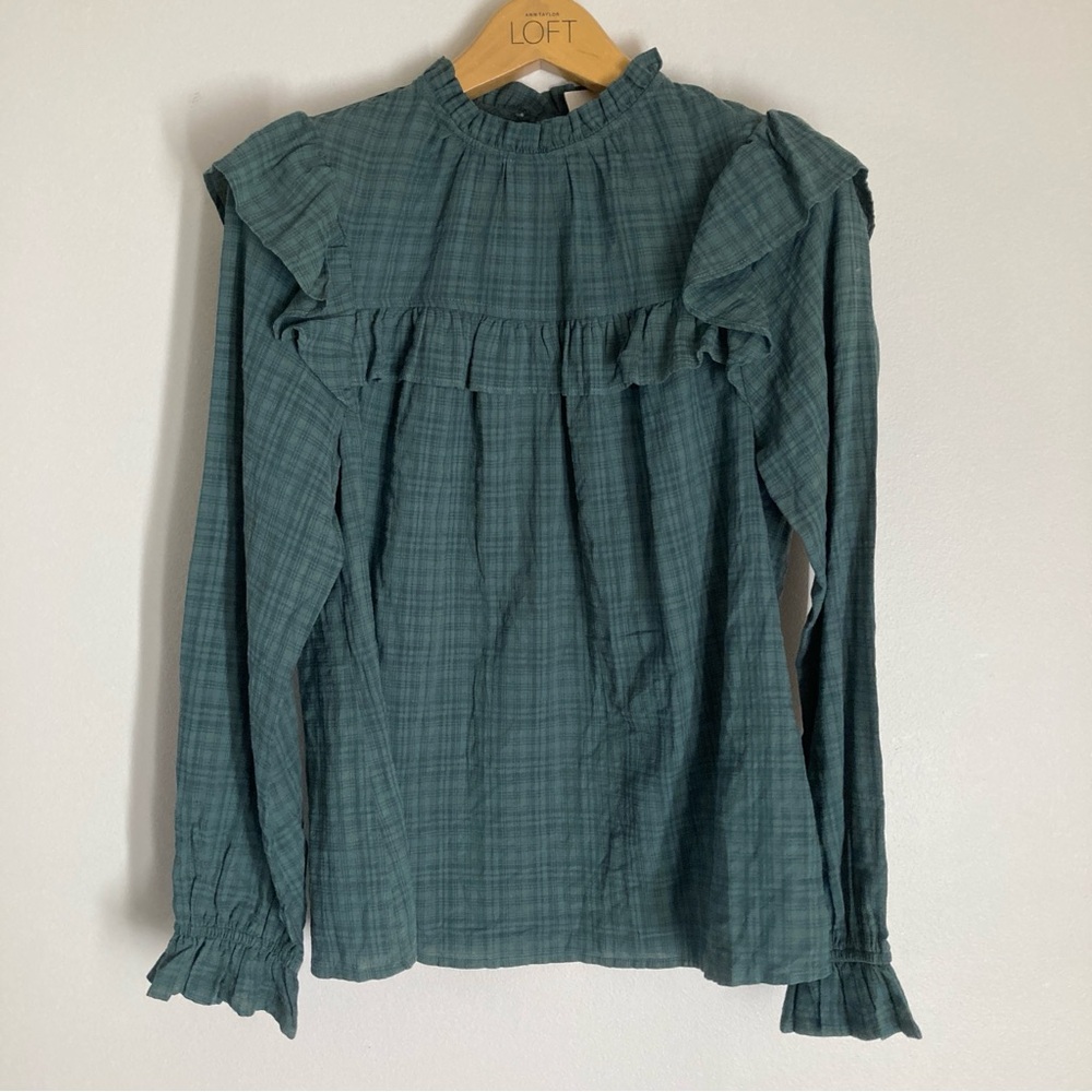 Universal Thread NWT Teal Plaid Ruffle Yoke Blouse Size Small
